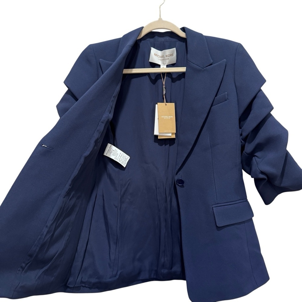 NWT Michael Kors Collection Cate Crush-Sleeve Blazer Preppy Designer Navy Sz 4 - Picture 11 of 16